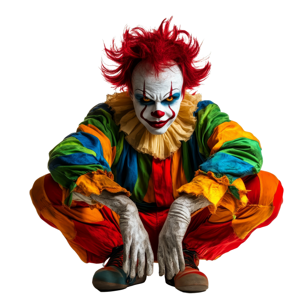 A frightening clown with bright colors crouches menacingly against a transparent background, Scary Clown Isolated on transparent background png
