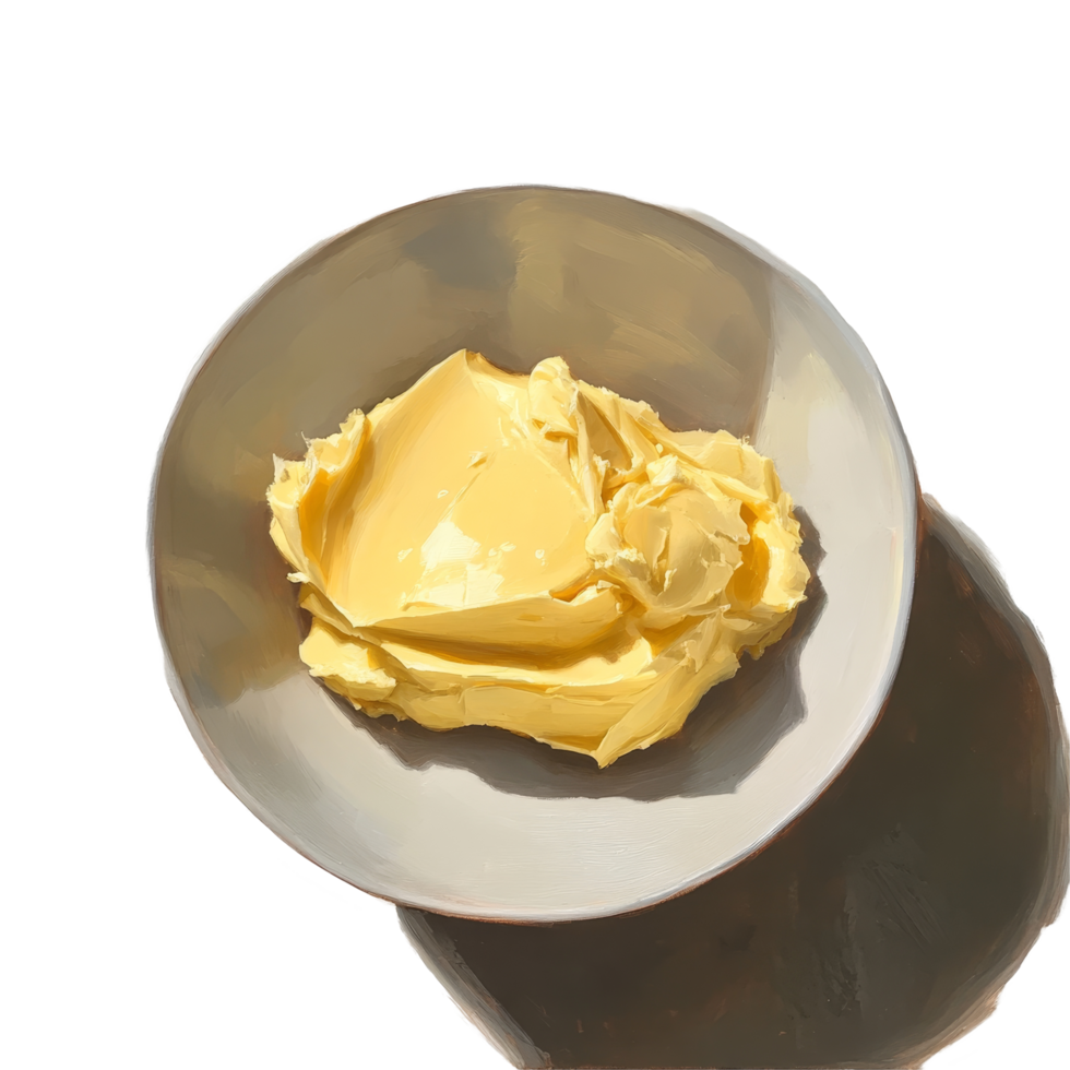 Bowl of creamy margarine placed on a textured transparent surface under soft lighting, Bowl of margarine png