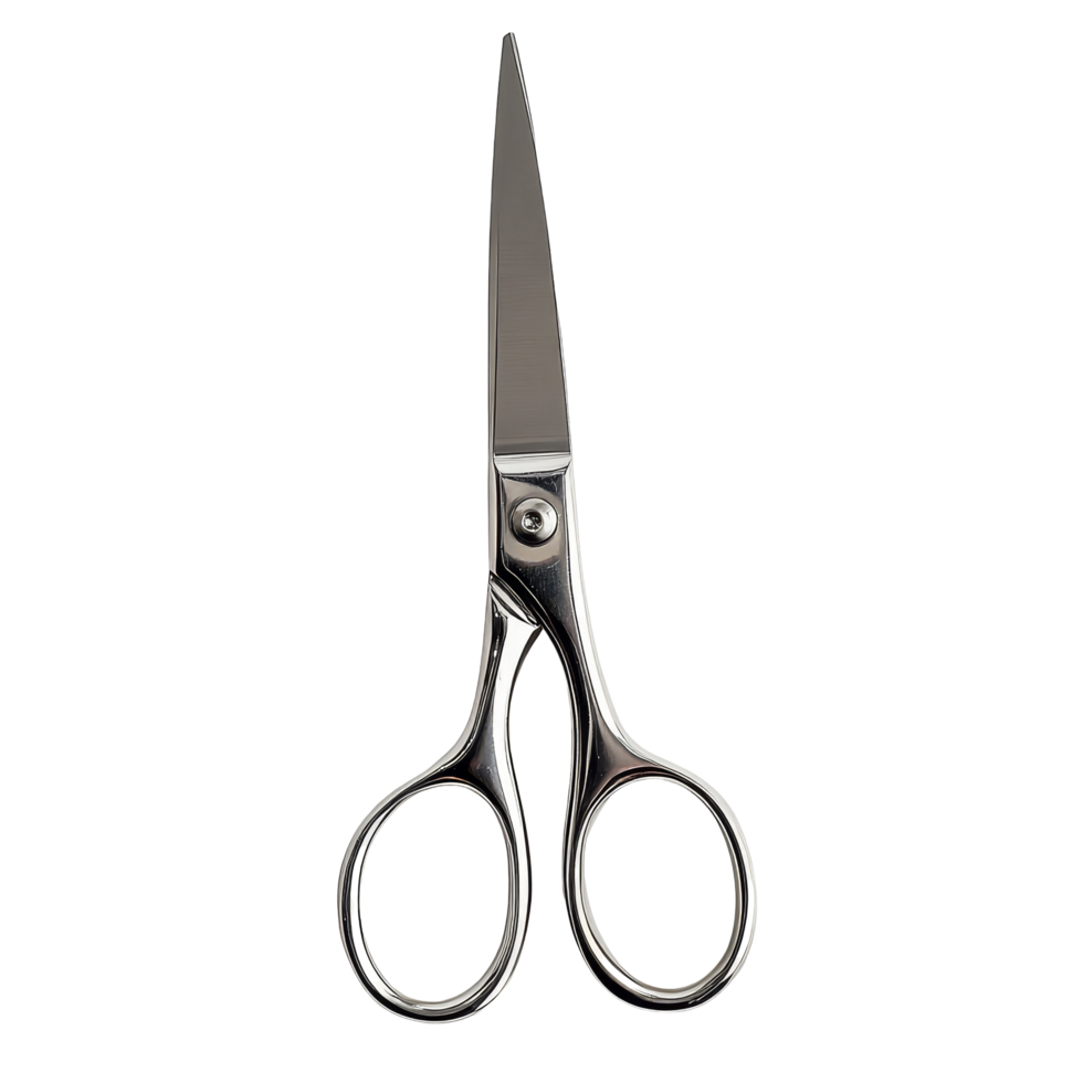 Top view of closed stainless steel scissors isolated against a plain transparent background for crafting or office use, Top view of closed scissors isolated on transparent background png