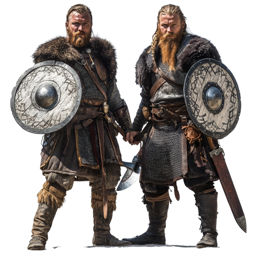 Viking warriors in traditional gear hold shields while standing confidently against a transparent background, Viking Warriors in Traditional Gear on transparent background png