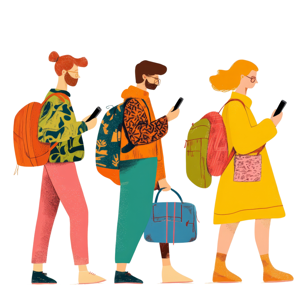 Three travelers engaged with their smartphones while exploring a vibrant city together on a sunny day, Traveling people using their smartphone png