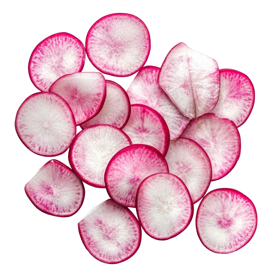 Fresh radish slices isolated on a transparent background for culinary and nutritional purposes, Radish slices isolated on transparent background png