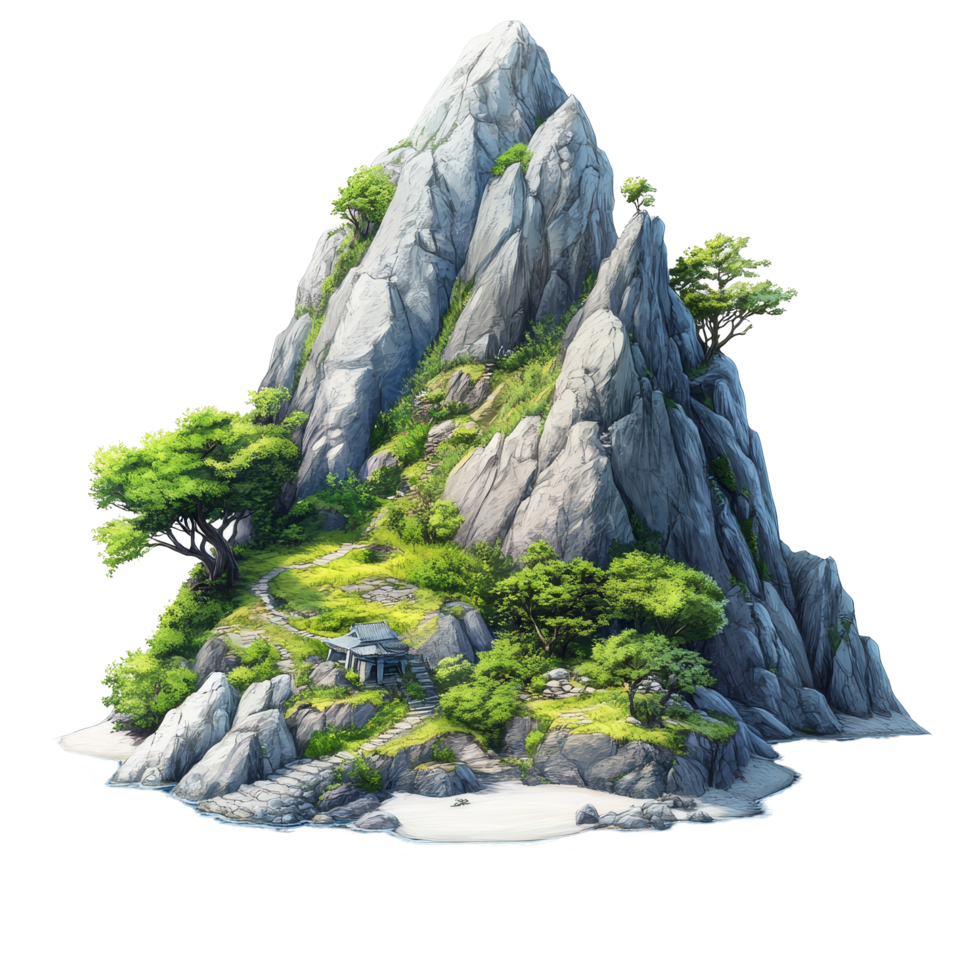 Mountain island with lush greenery, rocky terrain, and a small cottage surrounded by tranquil waters, Mountain Island on transparent background png