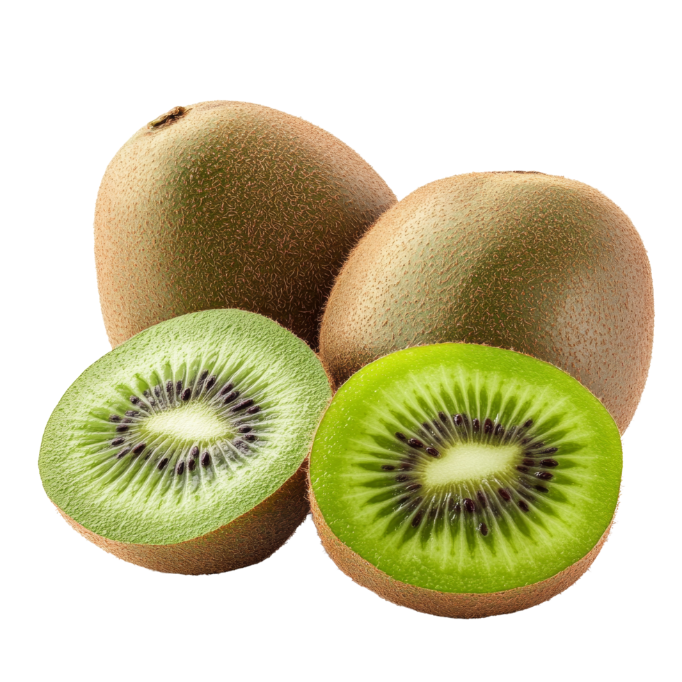 Fresh kiwi fruit and its sliced segments arranged on a clean transparent background for vibrant culinary display, kiwi fruit and his sliced segments isolated on transparent background png