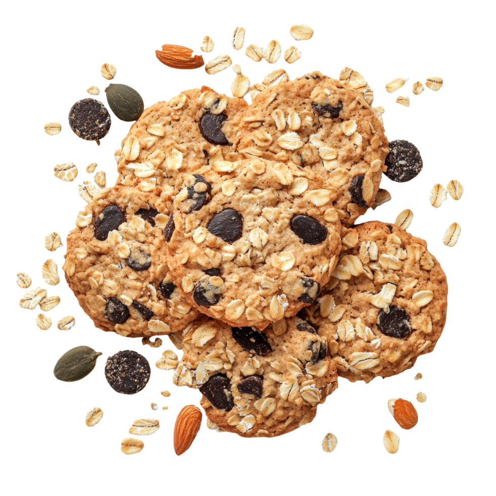 Oatmeal cookies with chocolate chips and muesli arranged beautifully on a transparent background for a delightful treat, Oatmeal cookies and muesli on transparent background png