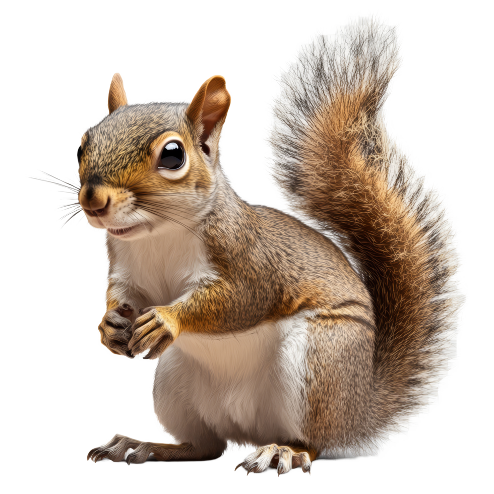 Squirrel standing on transparent background, showcasing detailed fur and playful demeanor in a natural pose, Squirrel on transparent background png