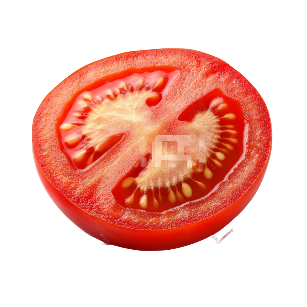 Freshly sliced tomato showcasing vibrant red color and juicy texture isolated on a clean transparent background, Fresh tomato fruit slice isolated on transparent background png