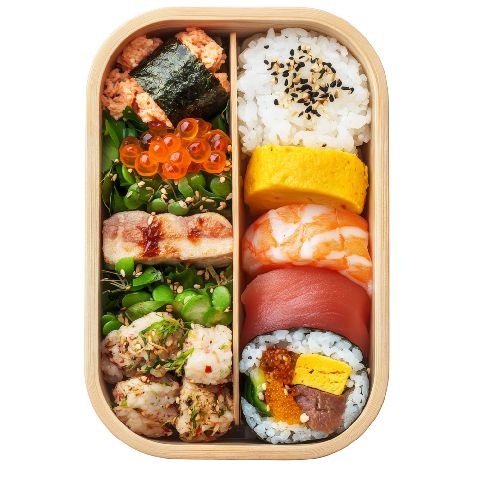 Delicious bento box featuring assorted sushi, rice, and vegetables on a transparent background, boiled egg isolated on ransparent transparent background png