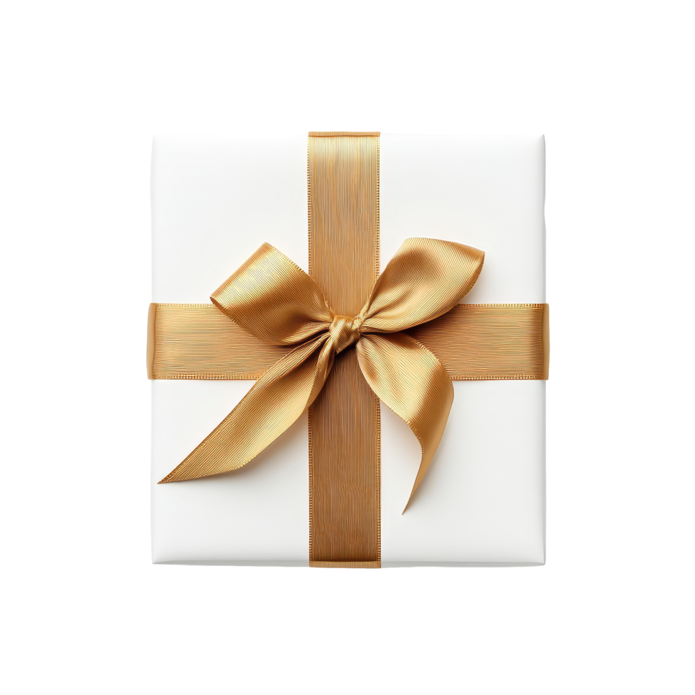 Elegant gold ribbon tied around a beautifully wrapped gift box on a clean transparent background, Top view of gold ribbon on gift box isolated on transparent backgroundfile png