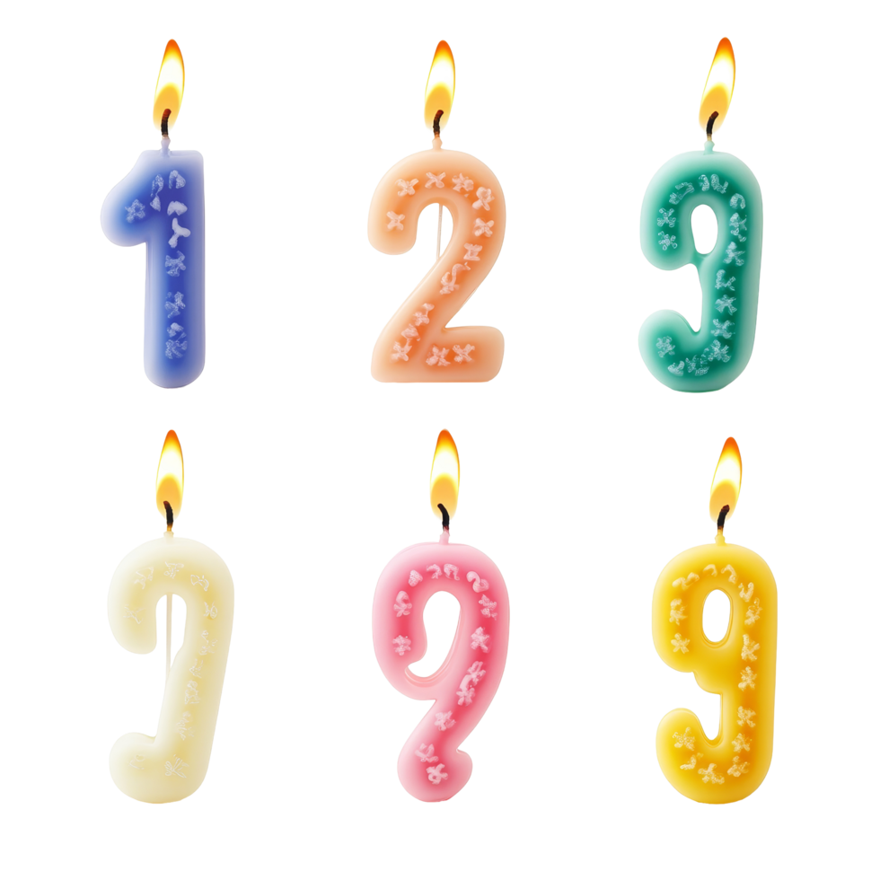 Colorful numbershaped candles with flames representing a special birthday celebration moment, 123 number shaped candles. Candlelight for every year, birthday from 0 to 9 isolated on transparent png