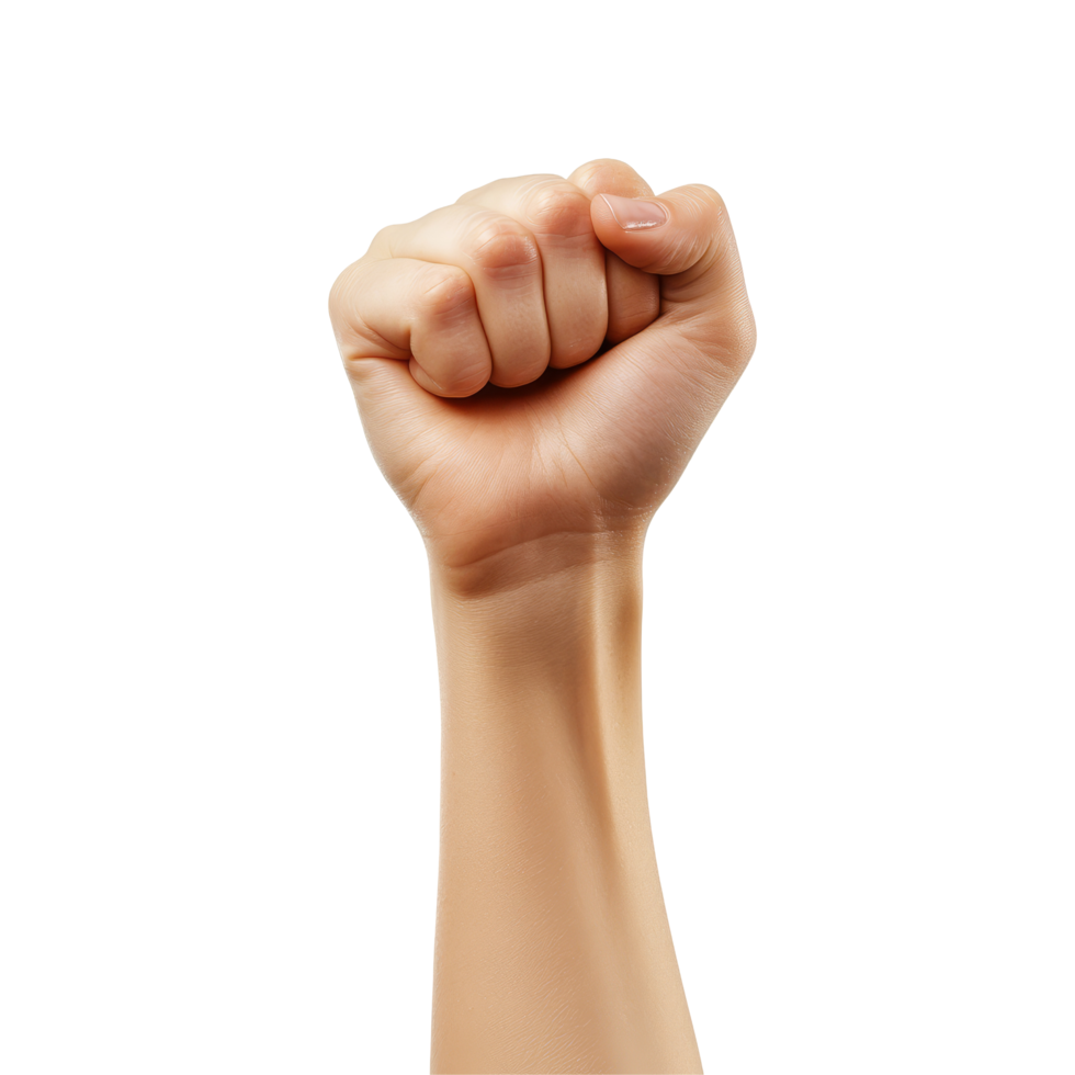 Empowered female hand gesture symbolizing strength and solidarity during a social movement, Fists raised up, strong women hand gesture, sign of power, strength, isolated on transparent png