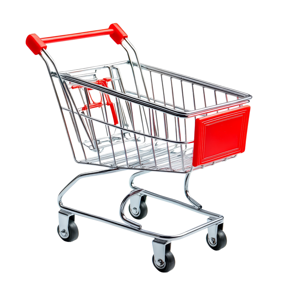 Shopping cart with red handle isolated on a transparent background for retail and grocery shopping concepts, shopping cart with red handle isolated on transparent background png