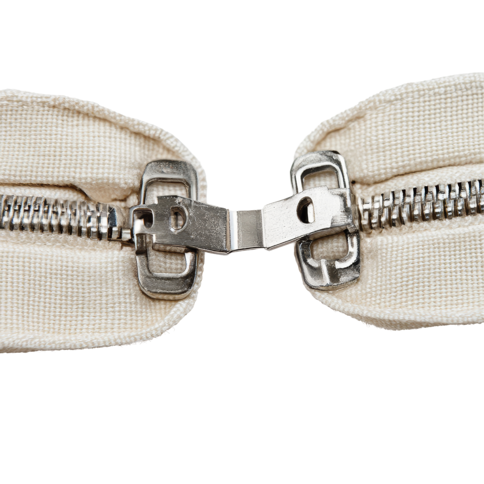 Closeup view of a metal zip fastener detailed on a clean transparent background for textile applications, zip fastener on transparent backgroundfile png
