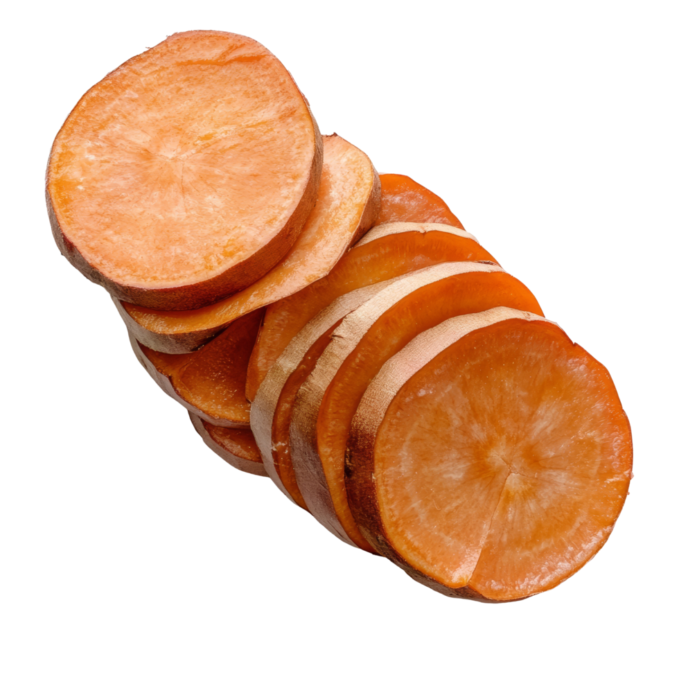 Sliced yams arranged on a transparent background ready for cooking or preparation in a modern kitchen setting, slice yams on transparent background png