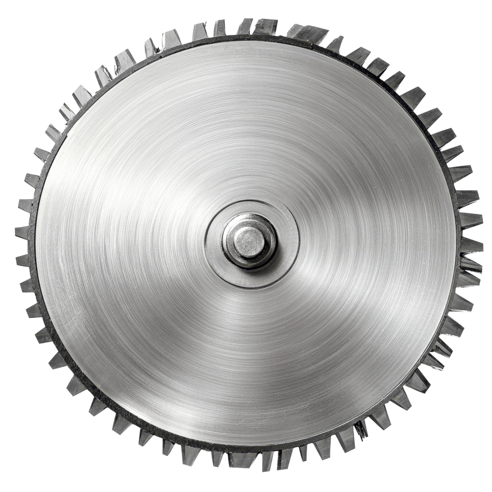 A detailed view of a circular saw blade isolated against a transparent background, showcasing its teeth and metallic finish in clean lines, Circular saw blade isolated png