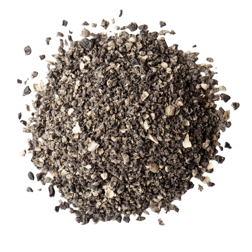 Ground black pepper flakes scattered on a clean transparent background for culinary use or seasoning applications, Ground black pepper flakes isolated on transparent background png