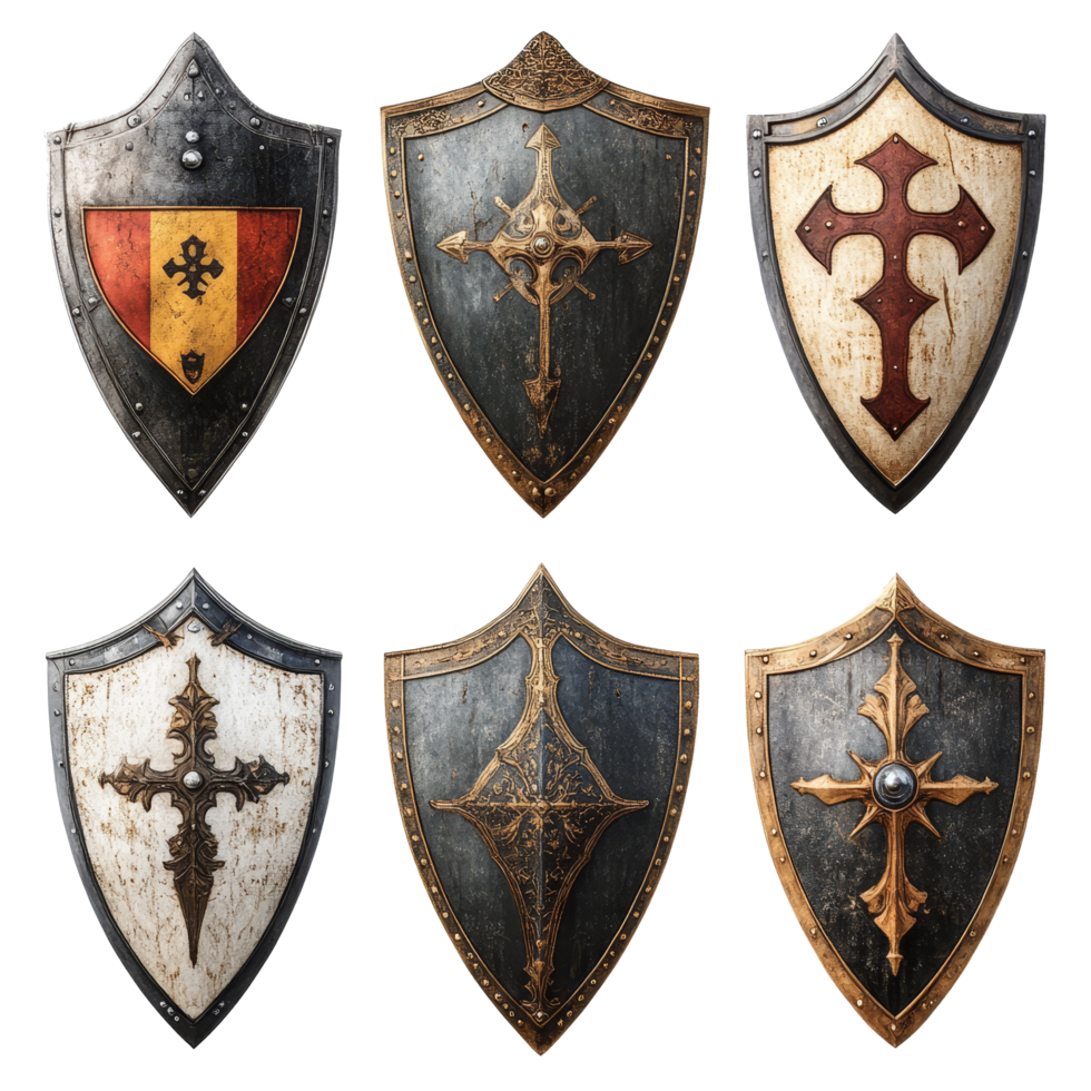 Medieval knight shields on transparent, featuring unique designs and craftsmanship from the Middle Ages, Medieval Knight Shields Isolated on transparent background png