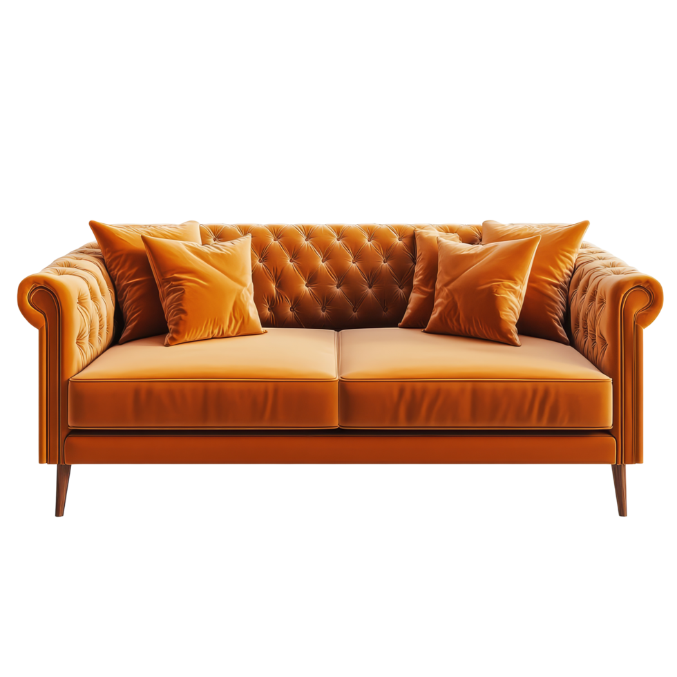 Orange sofa with cushions placed on a transparent backdrop for a modern and stylish decor setting, orange sofa isolated on transparent png