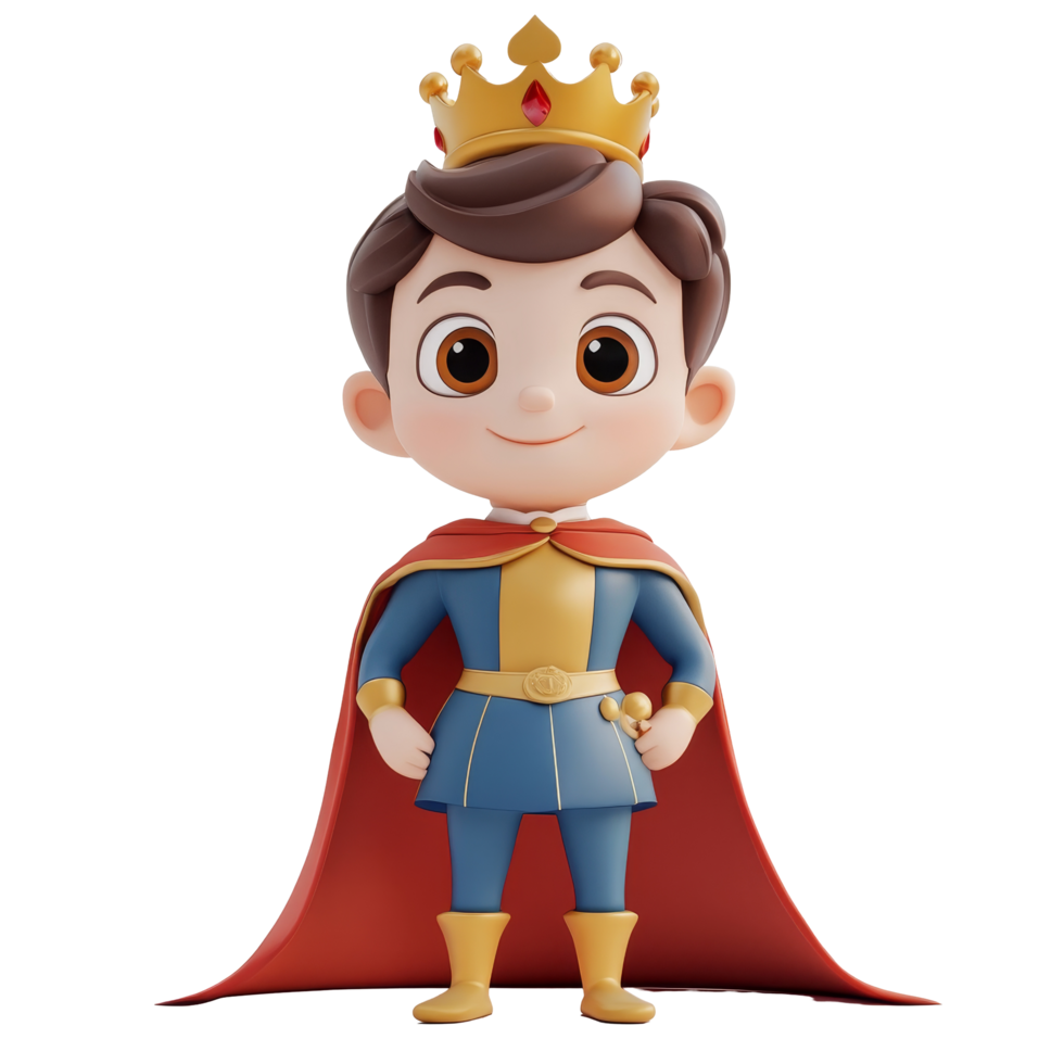 Charming cartoon prince character with crown and cape on a transparent background, 3D Cartoon Prince Characters on transparent background png