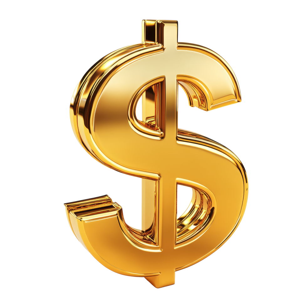 A golden dollar sign financial symbol shining brightly against a tranquil transparent background, 3D Golden Dollar Sign, Financial Symbol, Isolated on transparent background Background png