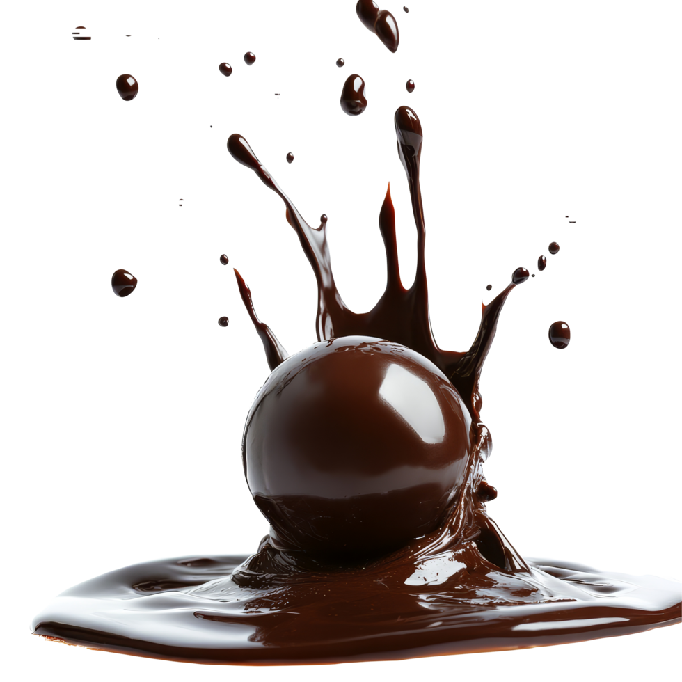 Delicious chocolate ball splashes into rich sauce creating an enticing scene on a clean transparent background, Chocolate Ball Splash with Sauce on transparent background png