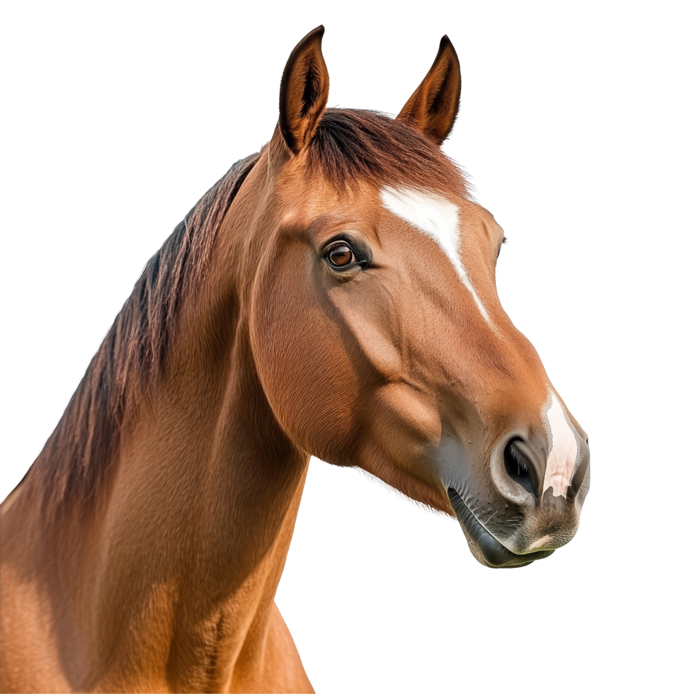 A detailed view of a horse head with distinctive features set against a clean transparent background, horse head isolated on transparent background png