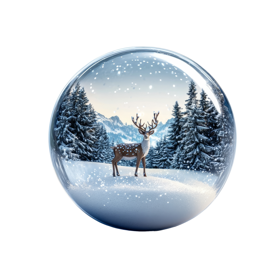 A beautifully crafted Christmas snow globe featuring a reindeer figurine set against a snowy mountain landscape, Christmas snow ball with reindeer figure, isolated on transparent background png