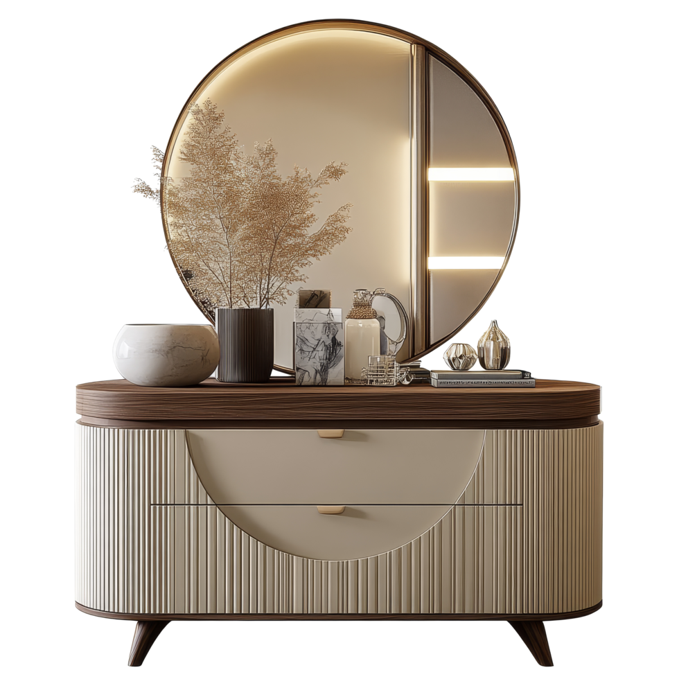Modern luxury dresser with round mirror and elegant decor on a simple transparent backdrop, Modern luxury dresser on a transparent background png