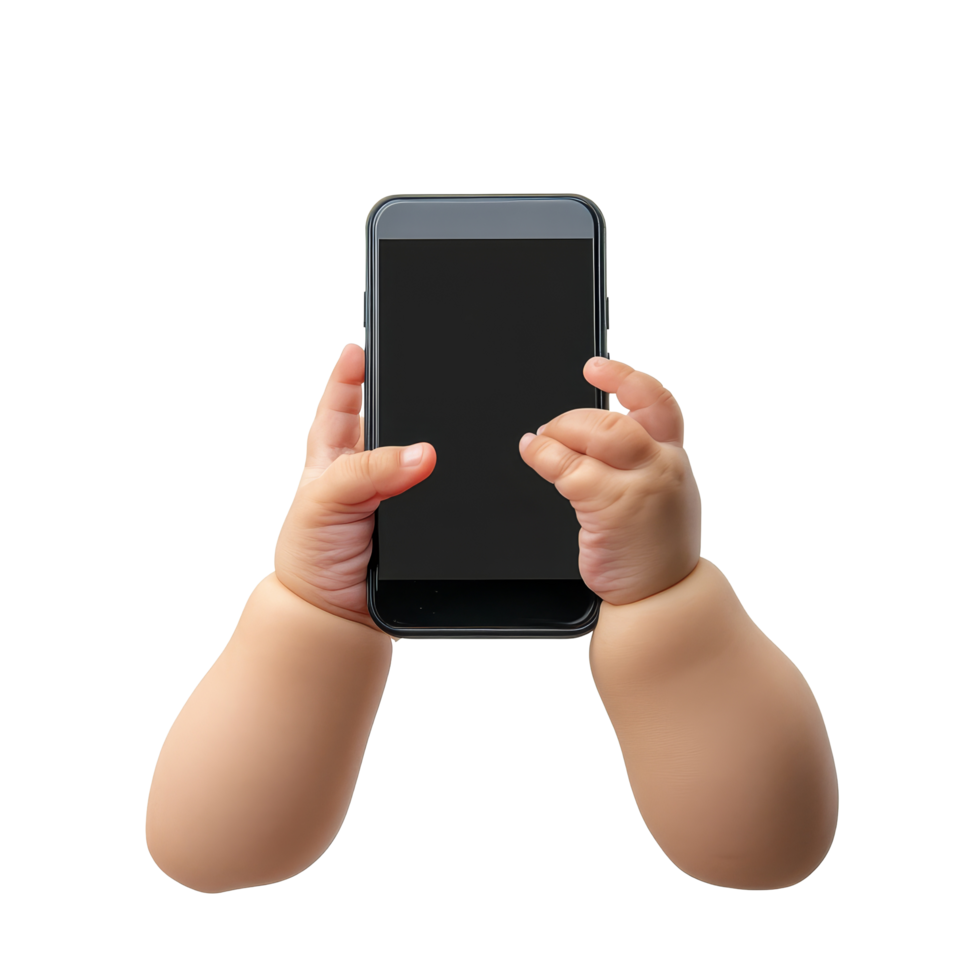 Babys hands grasping a smartphone on a transparent background highlighting curious exploration, Babys Hands Holding Smartphone Isolated on transparent background png