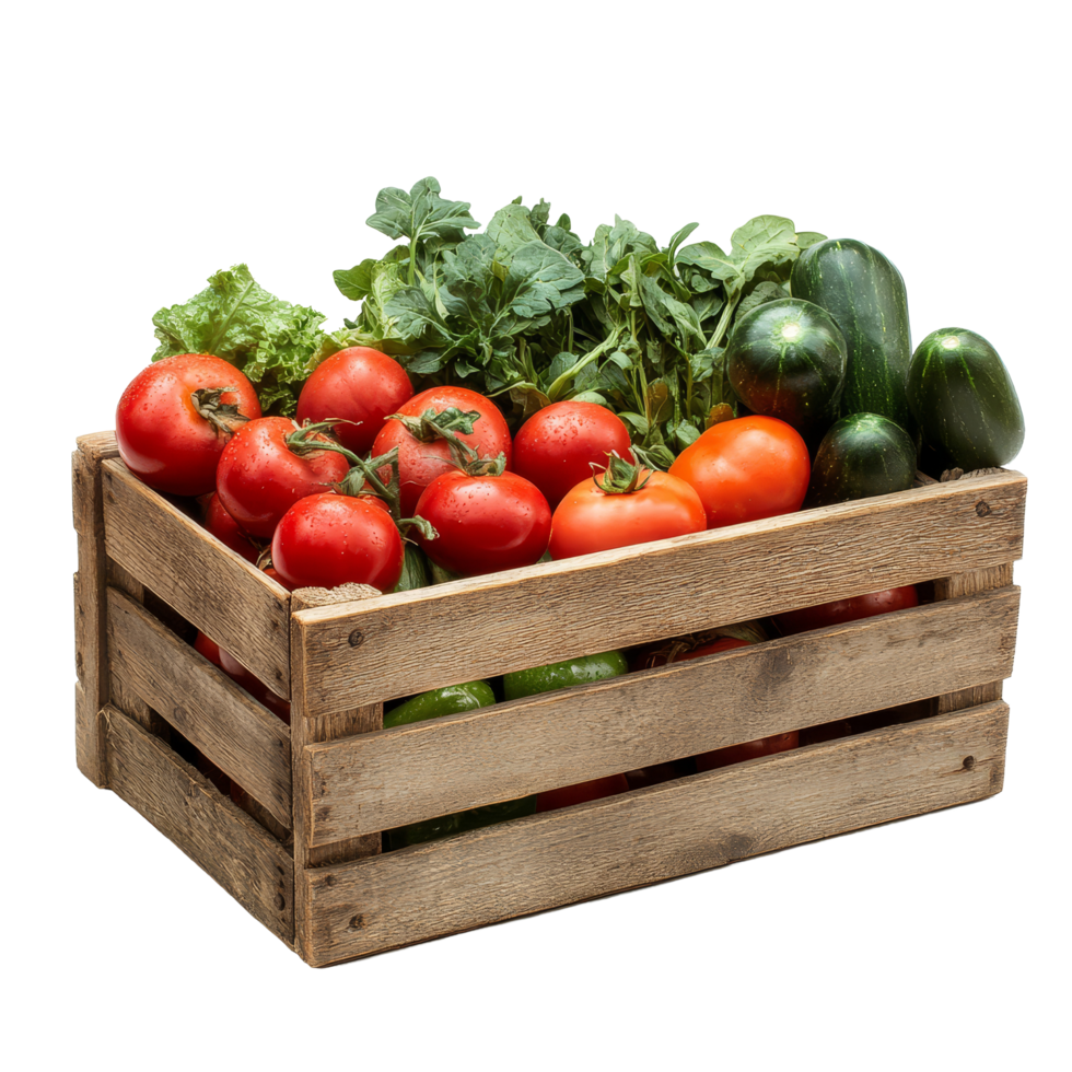 Fresh garden vegetables arranged in a rustic wooden box on a transparent background for healthy cooking ideas, wooden box with vegetables isolated on transparent background png