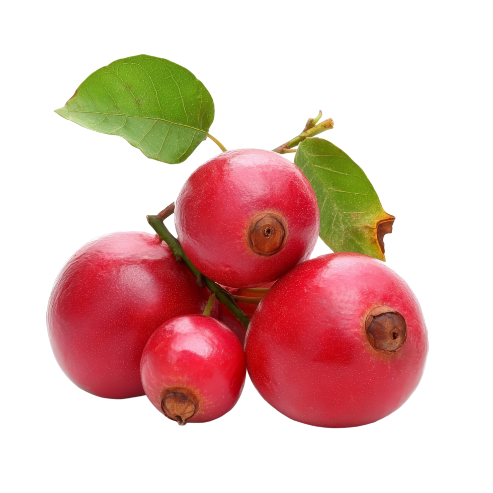 Fresh carunda berries with vibrant red color and green leaves displayed against a transparent background highlighting their natural beauty, Carunda or Karonda on transparent background png