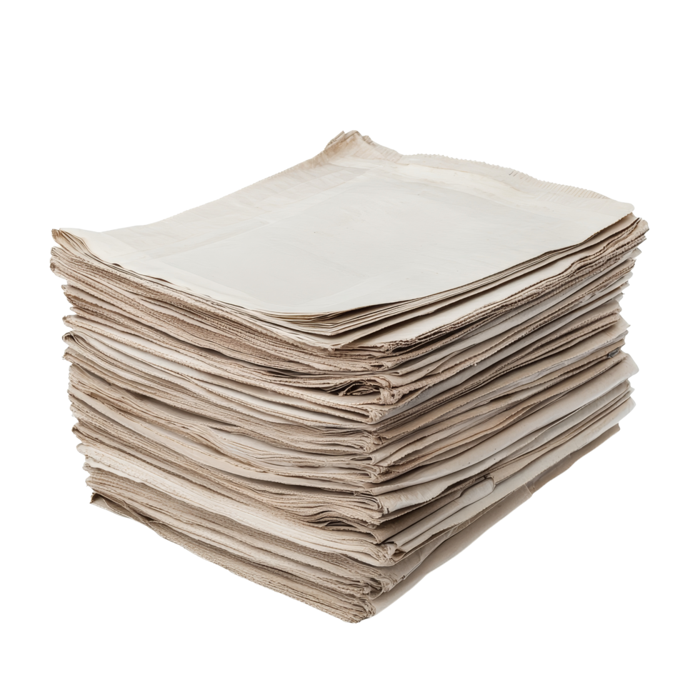 A stack of neatly arranged newspapers in a transparent setting under bright lighting, a stack of newspapers lies, file of isolated object with shadow on transparent background png