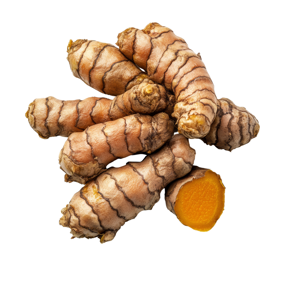 Fresh turmeric roots arranged isolated on a transparent background showcasing their rich color and unique texture, turmeric roots isolated on transparent background png