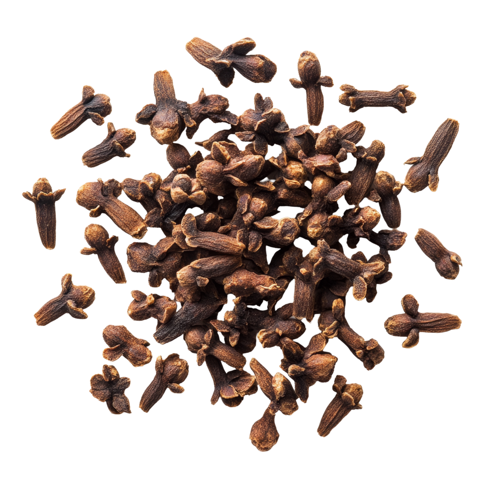 Dry cloves arranged on a transparent background showcasing their unique shape and rich color, Dry cloves on transparent background png