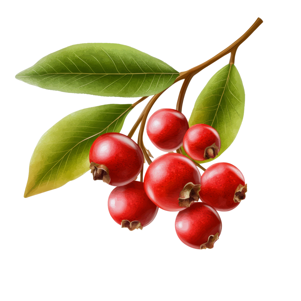 Fresh waxberry branch with vibrant red fruits and green leaves isolated on a transparent background for culinary uses, waxberry isolated on transperent png