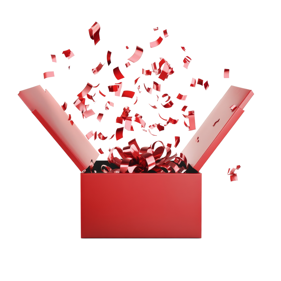 Exciting gifts launching from a vibrant red gift box with colorful confetti against a bright background, Gifts bursting out from red open gift box over transparent background png