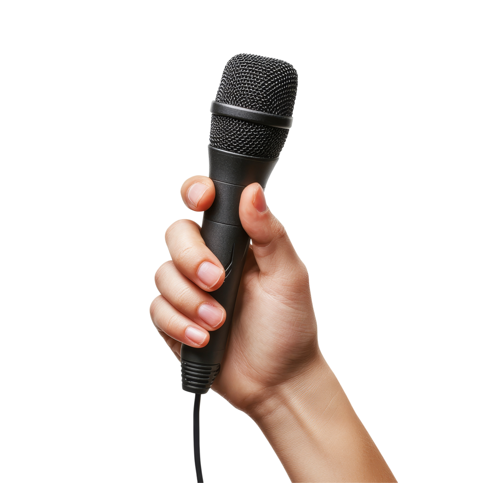 Hand holding a microphone on a transparent background ready for performance or presentation, Hand Holding Microphone Isolated on transparent background High Resolution png
