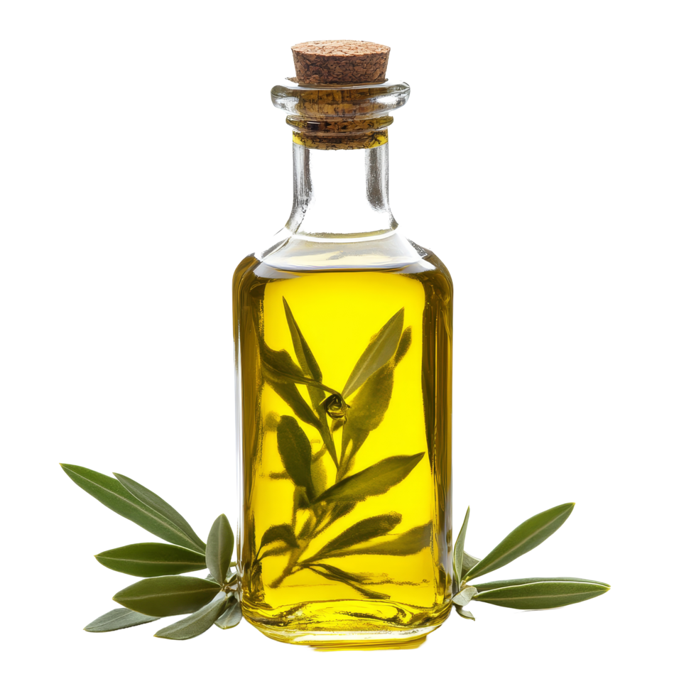 Fresh olive oil in a glass bottle with vibrant green leaves and ripe fruit on a transparent background, Olive oil in bottle with fresh fuit and leaves isolated on transparent background png