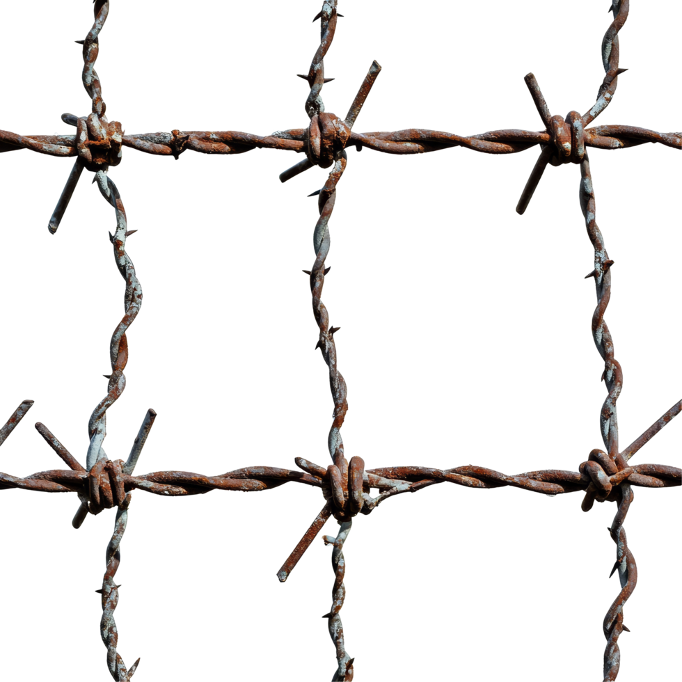 Detailed view of a rusty steel barbed wire fence against a transparent background, emphasizing its sharpness and design, Steel Barbed Wire Fence transparent background png