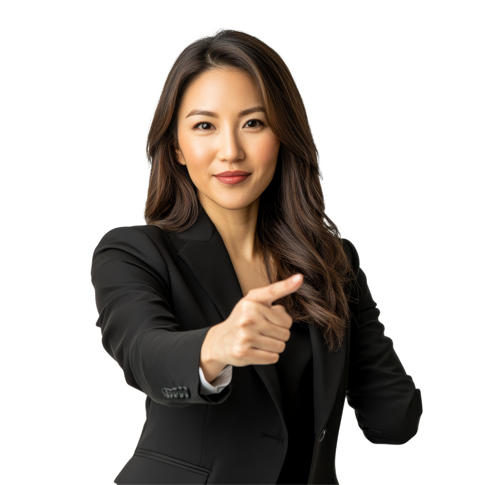 Confident Asian businesswoman pointing decisively in a modern office setting during a bright daytime meeting, Confident Asian Businesswoman Pointing Something on transparent background png