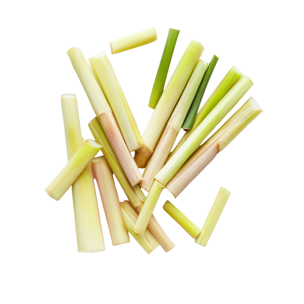 Sliced fresh lemongrass pieces on a transparent background ready for cooking and flavoring dishes, slice lemongrass on transparent background png