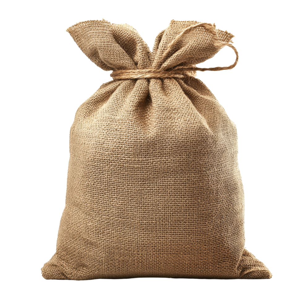 Burlap sack isolated on a transparent background showcasing its textured fabric and tied closure for various uses, Burlap Sack Isolated on transparent background png