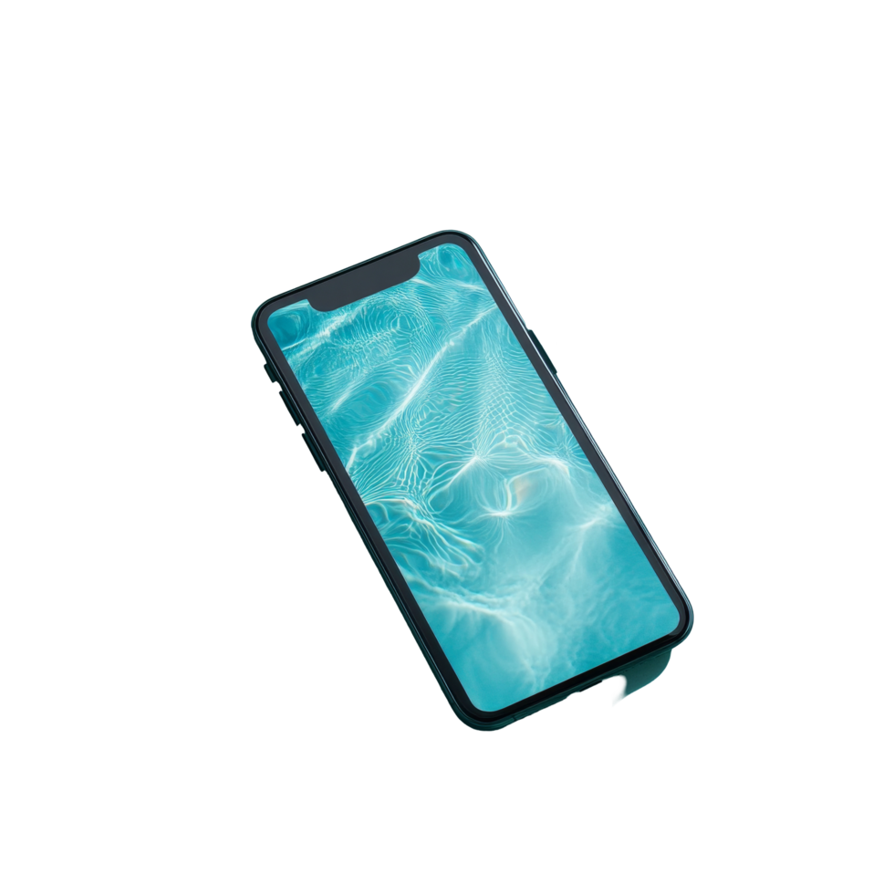 Mobile phone screen resting in a refreshing pool surrounded by tropical foliage during summer relaxation, Mobile phone screen mockup in water pool, summer travel application, spa app png