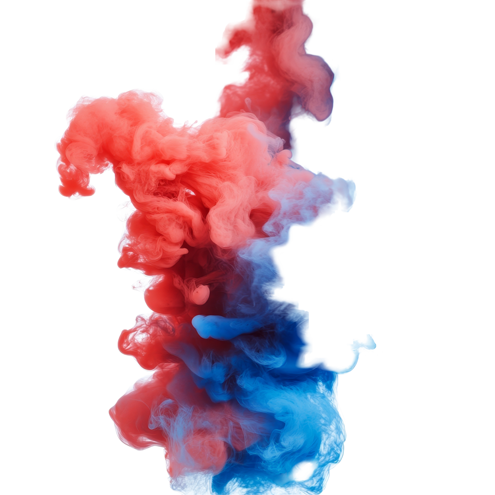 Vibrant red and blue smoke swirling together in a mesmerizing abstract display isolated on a transparent background, red and blue smoke isolated png
