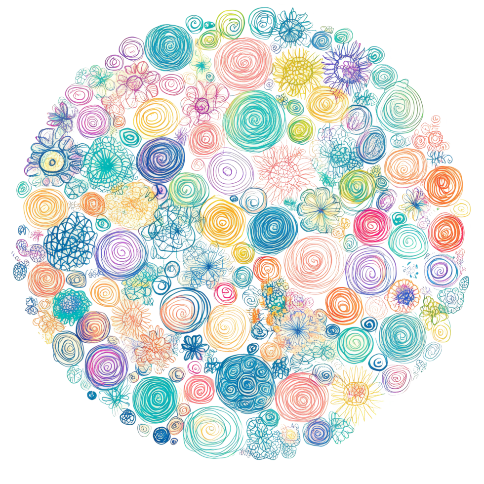 Vibrant circle doodle design featuring soft pastel hues that evoke creativity and joy in a whimsical arrangement, Whimsical circle doodle in soft, pastel shades, isolated on a transparent background png