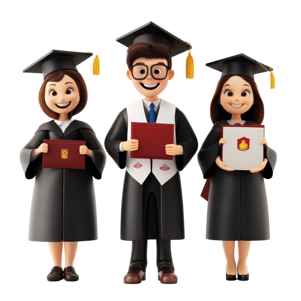 Cartoon graduates celebrating their achievements in caps and gowns against a transparent background, 3D Cartoon Students Graduaded On transparent background png