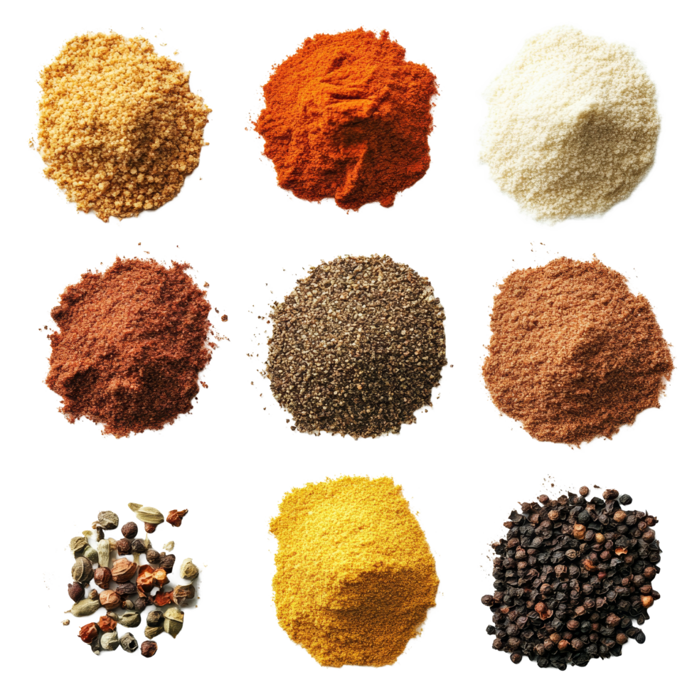 Aromatic spice seasonings powder arranged in a grid on a transparent surface for culinary use, Top view aromatic spices seasonings powder isolated on transparent background png