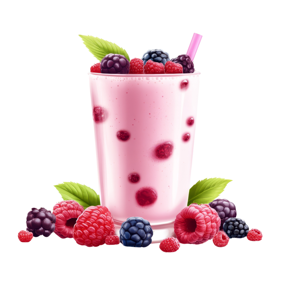 Delicious mixed berries yogurt drink served in a tall glass with fresh berries on a transparent background, Mixed berries yogurt drink isolated png