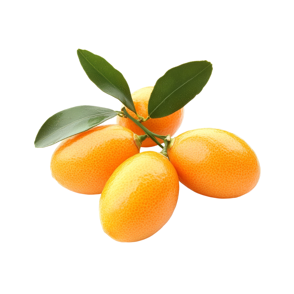 Fresh orange kumquats with green leaves arranged on a clean transparent background for culinary use or decoration, Orange kumquat isolated on transparent background png
