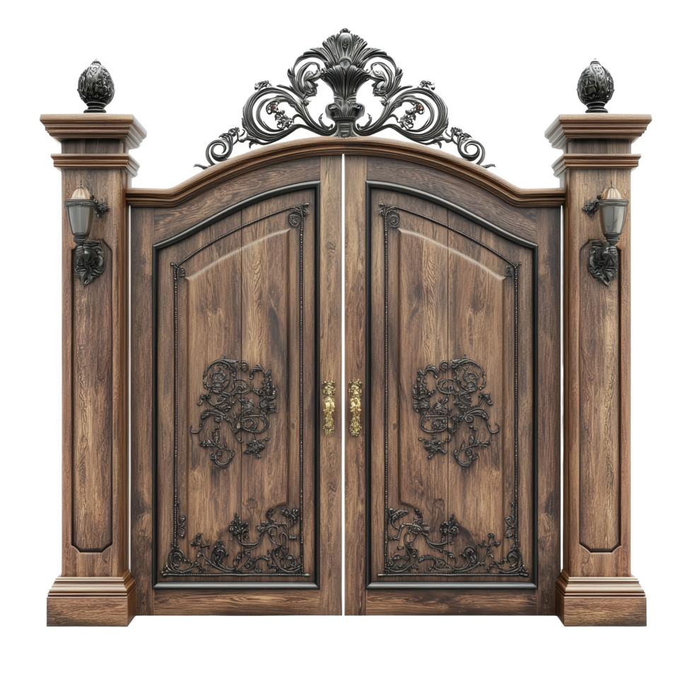 Elegant wooden gate with intricate design on a transparent background for luxury home entrances, Luxury beautiful wooden gate on a transparent background png